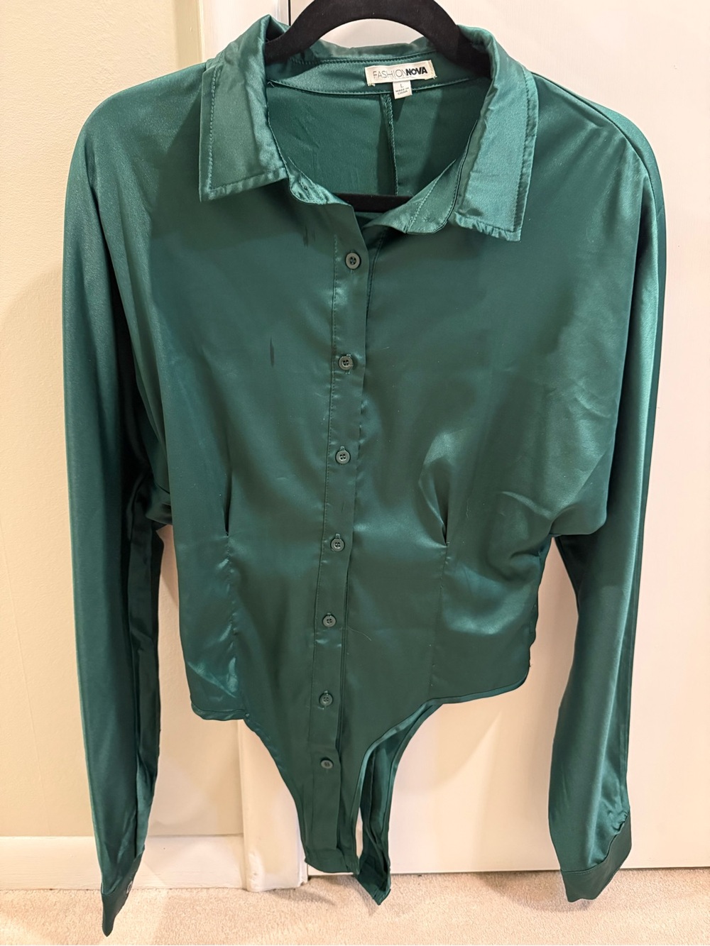 Fashion Nova Satin Teal Green Button-Front Bodysuit Blouse
